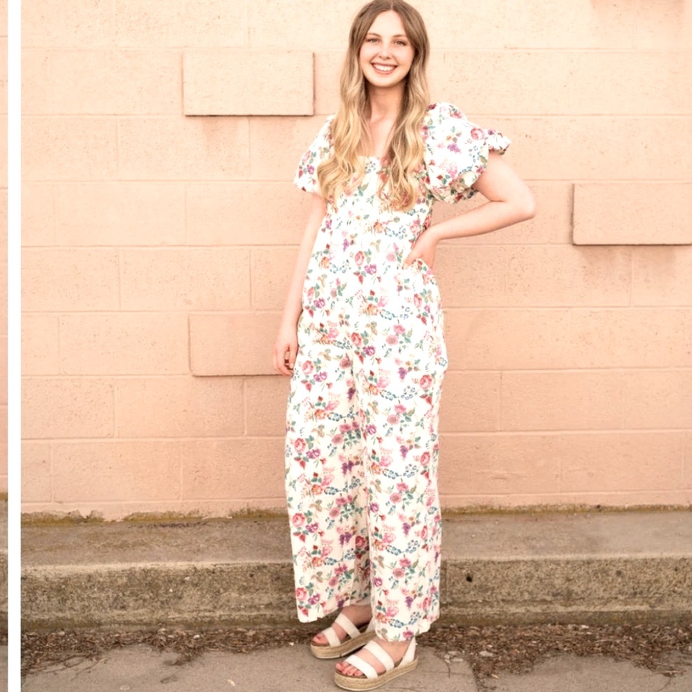 & merci Floral Poetcore Jumpsuit. Smocked Back | Cottagecore | Women's Sz-L Pink